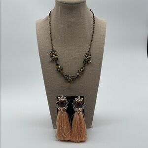 Cookie Lee Floral Necklace and Tassel Earrings Bundle - Brown and Gold